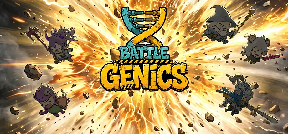 Battlegenics: the logo over an explosion, five creatures flying out of it