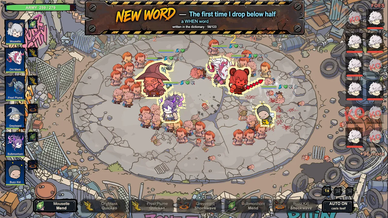 A full squad of six mid-brawl, a new word discovered