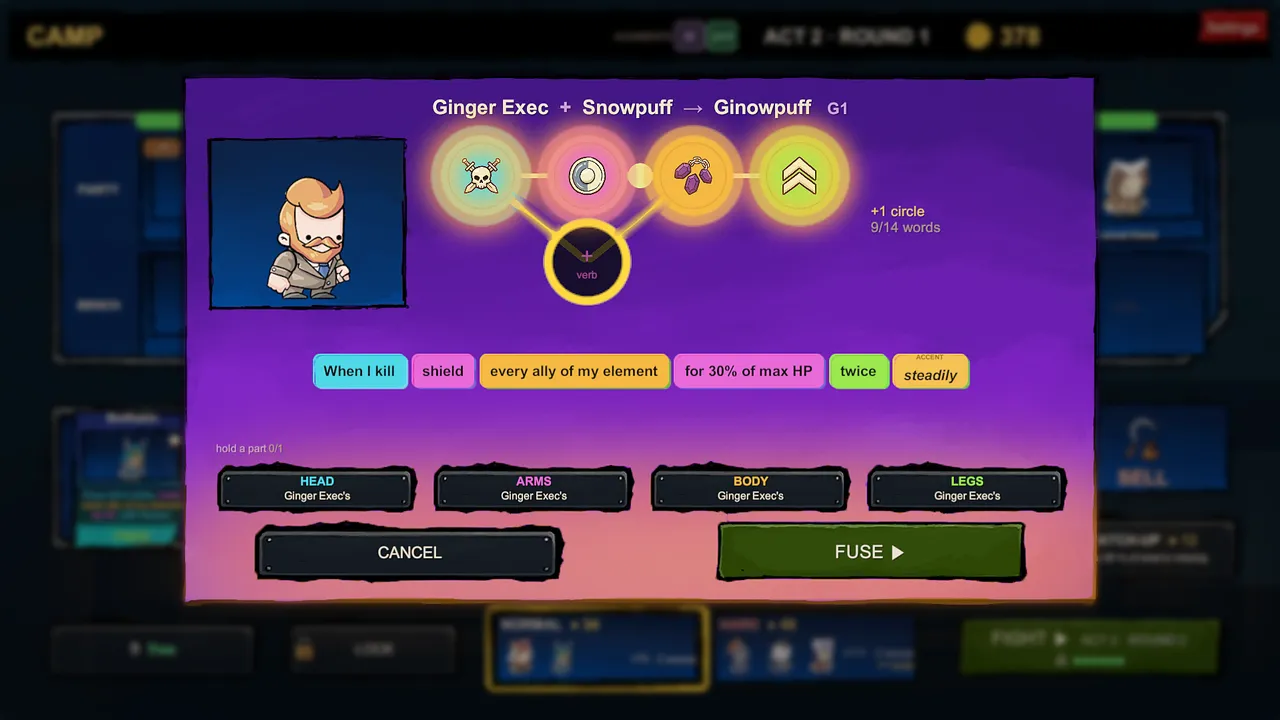 The fuse screen: two creatures become one, its sentence shown